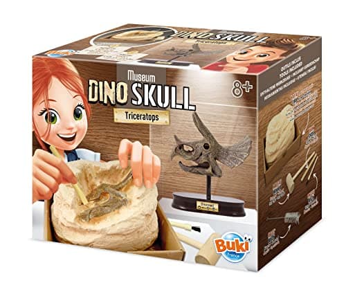 Image of Buki France Triceratops Dino Museum Skull Dig Kit. Dinosaur Fossil Excavation Kit. Construction STEM Toy. DIY Building Set + Tools. 3D Realistic Skeleton Model. Educational Gift for Boys & Girls 8+