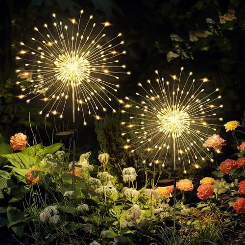 Image of GIGALUMI Solar Lights Outdoor Garden, Firework Lights 120 LEDs 2 Packs, Starburst Light for Yard Landscape Lawn Backyard Patio Party Wedding Decor(Warm White)