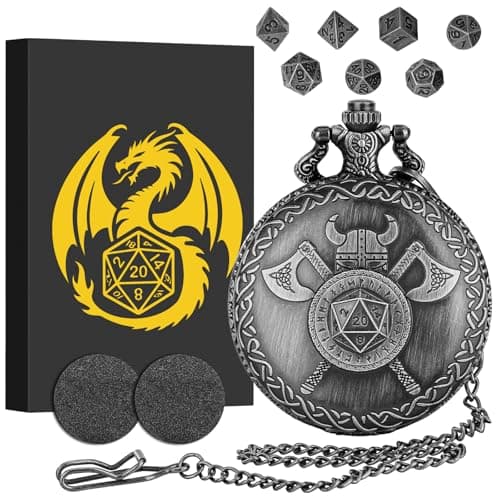 Image of Mini DND Dice Set with Viking Helmet with Double Axes Pocket Watch Shell Case, DND Starter Set, 7pcs Polyhedral Mini Metal Dice Set, D&D Gifts with Gift Box, Role Playing Board Game Accessories,Silver