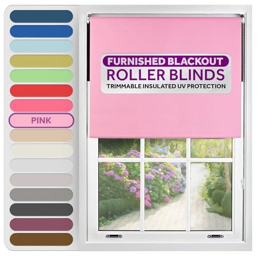 Image of FURNISHED Roller Blinds Thermal Blackout Roller Blind - Trimmable Insulated UV Protection Child Safe Easy Fit Home Office Window Blinds, Pink, 60 cm Wide x 165 cm Long