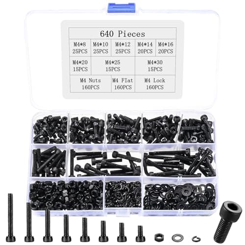 Image of 640 Pcs M4 Bolts and Nuts Set, Cylinder Hex Socket Head Cap Screws Set, Black Assorted Machine Screws Nuts and Bolts Sets with Lock & Flat Washers Assortment Kit