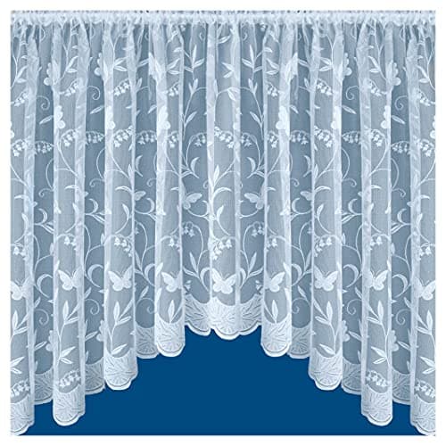 Image of Tyrone Textiles Hawaii White Butterfly Jardiniere Net Curtain – Scalloped Base – Floral Lace – Rod Pocket – Width 381cm x Drop 122cm – Decorative Sheer Panel for Kitchen, Living Room or Conservatory