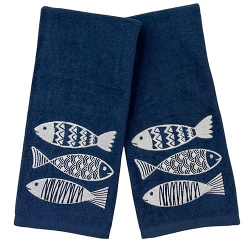 Image of Coastal Bathroom Hand Towels – Set of 2 Navy Blue 100% Cotton Embroidered White Fish Design – 25 x 16” Decorative Bath & Kitchen Towels