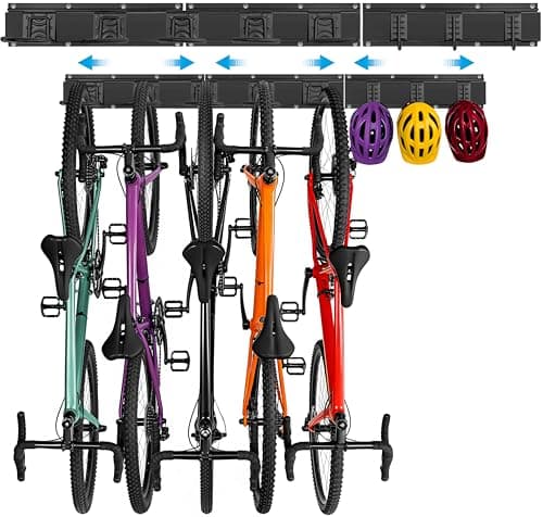 Image of OUUTMEE Bike Storage Rack, Wall-mounted Bike Rack 48 Inch for 5 Bikes + 3 Helmets Up to 400lbs, Adjustable Bicycle Hangers Hooks for Garage, Home, Black