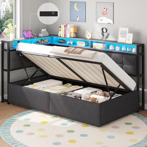 Image of DICTAC Hydraulic Single Ottoman Bed Side Lift with Storage, LED Lights & USB Charging Ports | Upholstered Lift Up Bed Frame with Solid Wood Slats &Open Shelves,Space-Saving Grey Single Bed 90x190