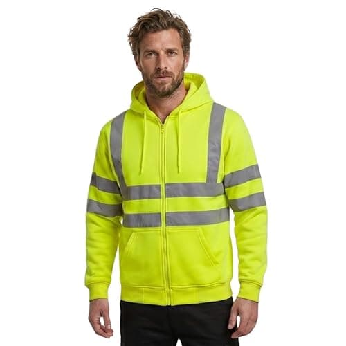 Image of Hi Vis Viz Zip Hoodie Fleece Jacket Men Full Zip High Visibility Workwear Sweatshirt Reflective Tape Safety Hooded Jumper Yellow L