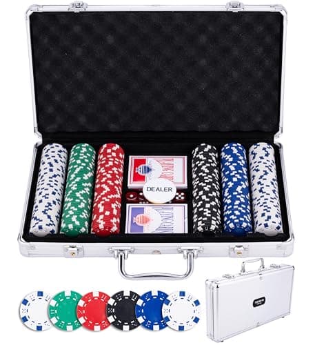 Image of Engelhart - 320910 - Poker Set - Silver Metal Case - 300 11.5g Chips without Number + 2 Decks of Cards, 3 Dealer Buttons, 5 Dice