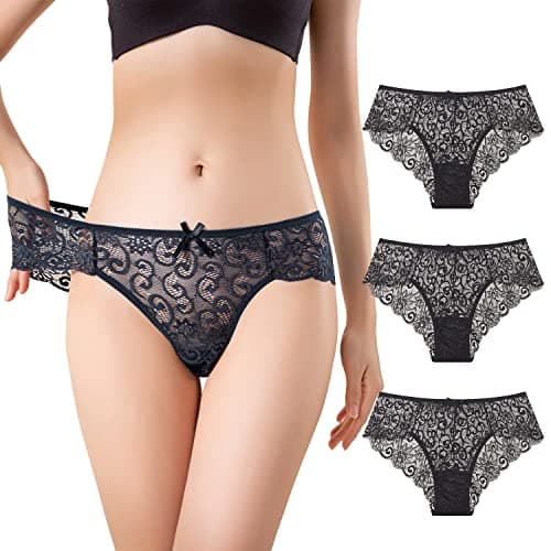 Image of ALFIANO Womens Pack of 3/5 Ultra Thin High Waist Lace Panties,Brazilian Knickers, A-black-3pcs, M