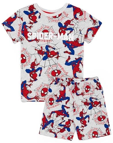 Image of Marvel Spider-Man Boys Pyjama Set | Grey Short Sleeve T-Shirt and All Over Print Shorts PJs For Kids | Spiderman Classic Superhero Comic Books Character Sleepwear | Movie Nightwear Gifts for Children