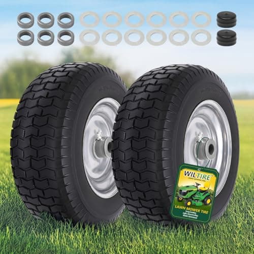 Image of Wiltire Tyres and Wheels 16 x 6.50-8 (Pack of 2) - Flat Tyres for Lawnmowers with Rim, Solid Rubber Tyres and Wheels - 3" Wheel Hub - Hubs