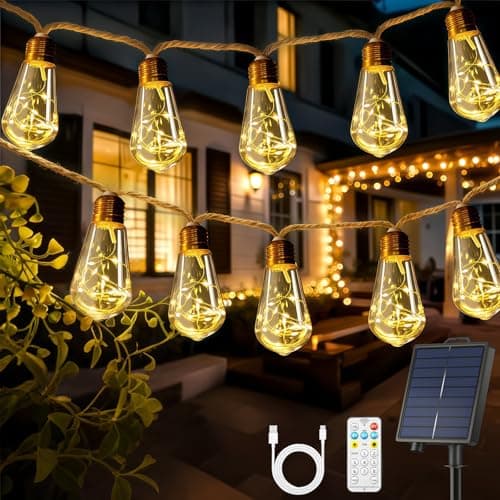Image of Giliwosy Solar String Lights Outdoor Garden, 10m/16 LED Dimmable Garden Hanging Light Bulbs with Remote Control 1200mAh Battery Fairy Light IP66 Rope Light with 8 Mode & Timer for Patio Party Decor