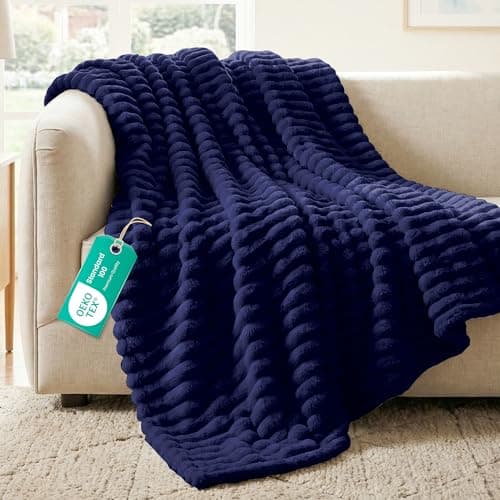 Image of Sunshine Comforts Fleece Stripe Throw Blanket For Sofa - 100% Polyester Soft Cosy Warm Blankets For Bed, Light Warm Soft Cute Throw For Women and Girls - Navy, Double (150X200CM)