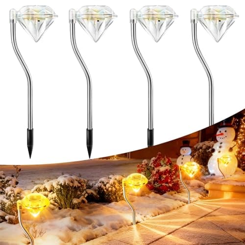 Image of Anordsem Solar Lights Outdoor Garden: Weatherproof LED Diamond Stake Lamp 4 Pack - Warm Fairy Lighting Christmas Decoration for Fence Patio Dalcony - Gardening Gifts for Women Mum Wife