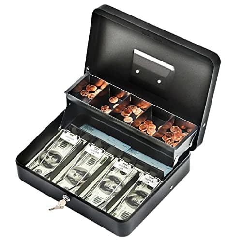 Image of Cash Box with Lock and Money Tray - Tomekji Durable Metal Large Money Box 11.8"L x 9.5"W x 3.5"H - 5 Compartment Tray 4 Spring Loaded, Come with 2 Key, Black…