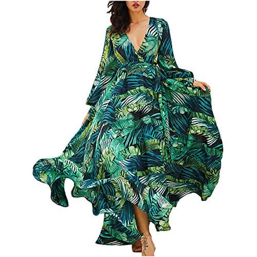 Image of HAOLEI Maxi Dresses for Women UK Elegant Wedding Guest Green Leaves Print Summer Dresses Sale Long Sleeve Sexy V Neck Wrap Dress Flounce Ladies Beach Boho Dress Evening Party Blackless Long Dresses