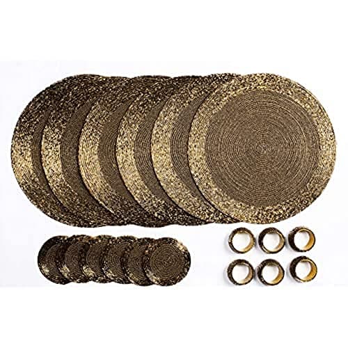 Image of Penguin Home Handcrafted Glass Beaded Round Placemats, Coasters & Napkin Rings Set of 18 - Handmade Table Place Mats for Dining - 32 cm (13") Diameter (Antique Gold)