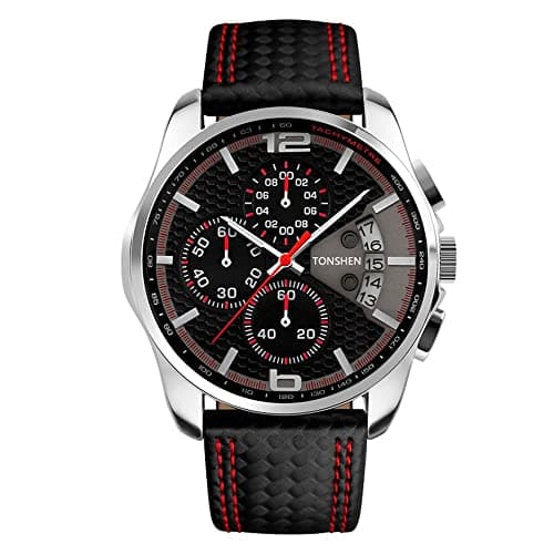 Image of TONSHEN Mens Analog Quartz Fashion Watch Stainless Steel Case and Leather Band Independence Small Dial Date Wristwatch (Red)