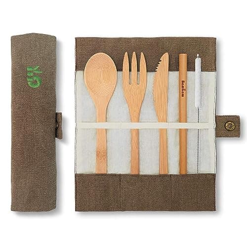 Image of Bamboo Cutlery Set | Wooden Cutlery | Eco-Friendly Cutlery Set | Knife, Fork, Spoon & Straw | Travel Cutlery | Camping Cutlery with Storage Cover | Olive | Bambaw