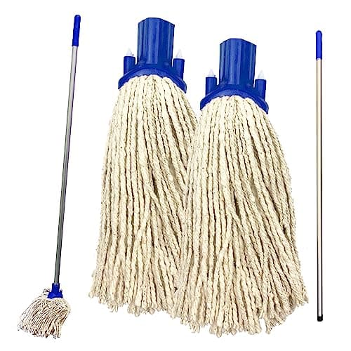 Image of Floor Mop Handle with 2 Mop Heads Set – 120cm Long Aluminium Handle and Pack of 2 String Heads Replacement Cleaning (Blue)