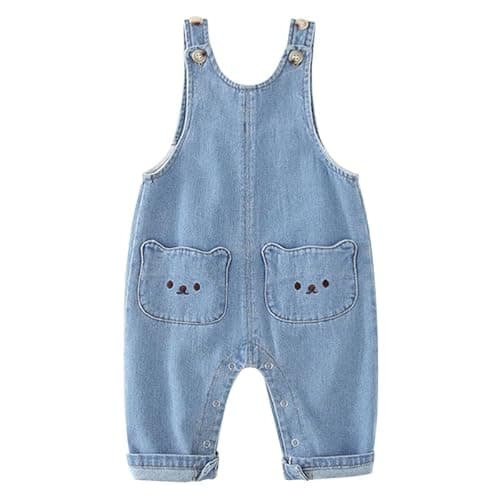 Image of LAEMILIA Baby Girls Boys Dungarees Toddler Denim Overalls Cotton Sleeveless Jumpsuit with Pockets Cute Bear Summer Playsuit for Unisex Babies Kids Age 3 Months - 6 Years