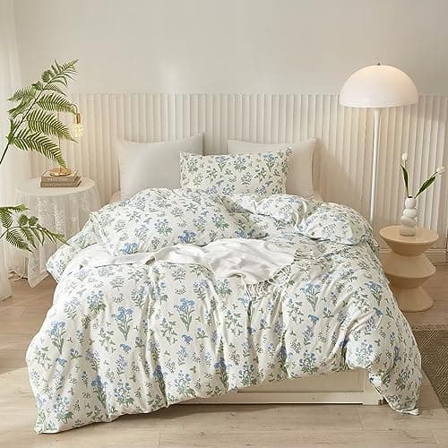 Image of Ruccit White Floral Duvet Cover Set Double 100% Cotton Duvet Cover Double Bed 3pcs Garden Blue Green Chic Flower Bedding Set with Zipper Closure Corner Ties-Soft,Durable,Easy Care