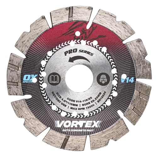 Image of OX Pro V14 Diamond Blade for Concrete - 115mm/22mm, Turbo V Tooth for Aggressive Cutting & Long Life, Cuts Concrete with Rebar, Kerbs & Slabs, Roof Tiles, Bricks, General Building Materials