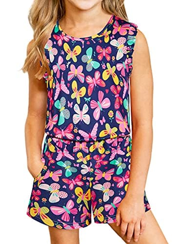 Image of Kimoda Girls Jumpsuits Rompers Ruffle Sleeve Romper Shorts with Pockets Summer One Piece Playsuit Outfits for Girl 6-13 Years, Butterflies, 10-11 years