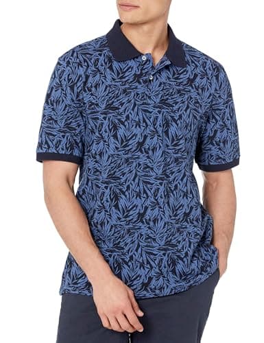 Image of Amazon Essentials Men's Regular-Fit Short-Sleeve Cotton Piqué Polo Shirt (Available in Big and Tall), Indigo Palm Leaf Print, L