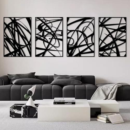 Image of 4Pcs Abstract Black Metal Wall Art, 3D Textured Wall Decor, Modern Hollow Out Design Wall Sculptures, Minimalist Line Art for Living Rooms Offices Restaurants (16in x 11in)