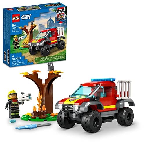 Image of LEGO City 4x4 Fire Engine Rescue Truck 60393, Toy for 5 Plus Year Old Boys & Girls, Set with Water Element Launcher, Firefighter Minifigure and Cat Figure