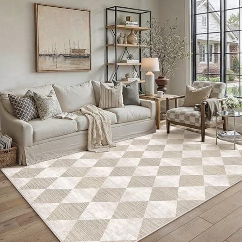 Image of PureCozy Rugs Living Room Area Rug 120x170cm Beige Bedroom Large Checkered Carpet Washable Non Slip Lounge Office Dining Room Soft Low Pile Modern Geometric Carpets