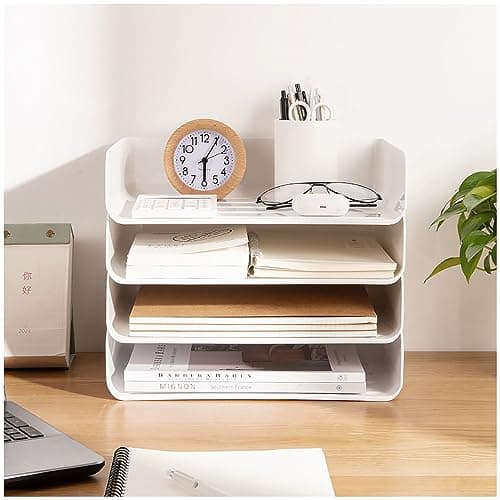 Image of 4 Tier Stackable Filing Trays, Letter Tray Organiser Desk Tidy File Document Holder A4 Paper Sorter for Office, School (Horizontal White)