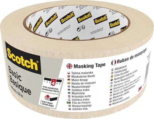 Image of Scotch Basic Masking Tape, 1 Roll, 48 mm x 50 m, Beige - Painters Masking Tape for Indoor Painting and Decorating