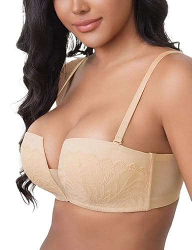 Image of ANYIRIS Push Up Balconette Bras for Women Non Wired Add 1 Cup [ABC Cup] Padded Bra Lace Plunge Multiway Bra for Square Neck Nude 36C