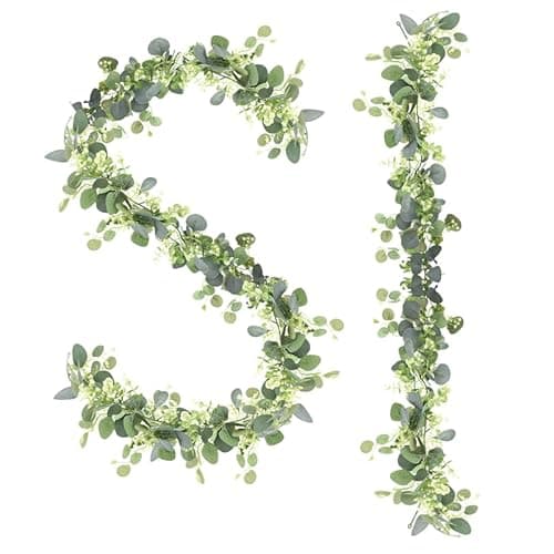 Image of Surplex 2Pcs Artificial Eucalyptus Garland, 6Ft Faux Silver Dollar Eucalyptus Leaves Vines with White Seeds, Fake Hanging Greenery Vines for Wedding Arch Backdrop Wall Table Indoor Outdoor Decor