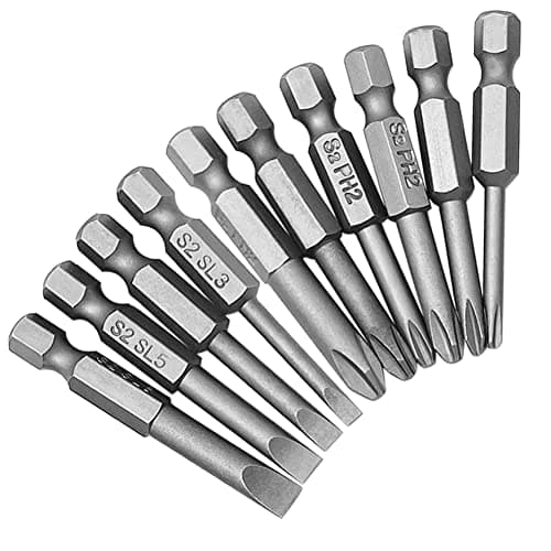 Image of Saipor 10Pcs Magnetic Screwdriver Bit Sets 1/4 Inch Hex Shank Flat Slotted + Phillips Cross Head Screw Driver S2 Steel Drive Drill Bits for Electric Screwdrivers (2 inch/50mm Length)
