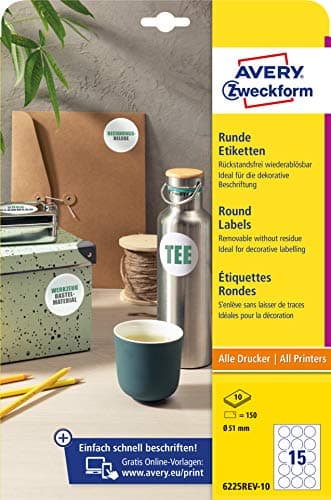 Image of AVERY Zweckform 6225REV-10 Round Labels (150 Adhesive Dots, Diameter 51 mm on A4, Round Stickers for Printing, Removable Without Residue/Removable, Self-Adhesive Jam Labels), 10 Sheets, White