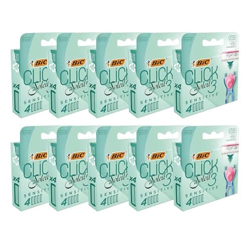 Image of BIC Click 3 Soleil Sensitive Womens Razor Refill 4 Cartridges Plastic Razor Refill with 3 Blades Lubricating Strip with Aloe Vera and Vitamin E Razor Refills for Smooth Shave (Pack of 10)