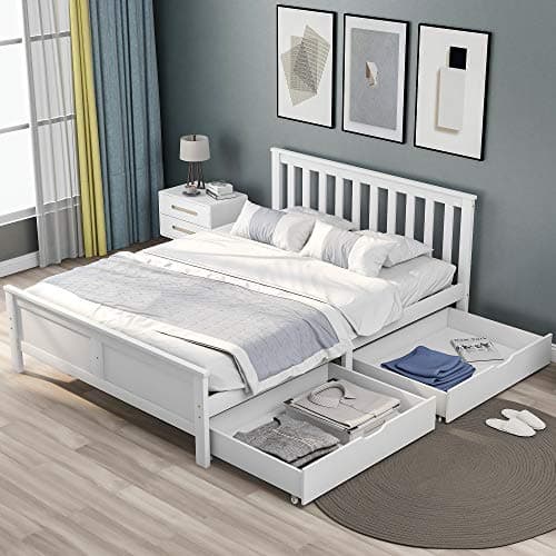 Image of Merax 4FT6 Double Bed Frame with 2 Underbed Drawers, Solid Pine Wood Double Bed with Storage, Headboard Lattice Pattern Design, Guest Bed for Adults, Kids, Teenagers, White, 135x190cm