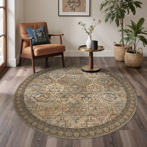 Image of BEIMO Round Washable Rug 120cm – Soft Boho Area Carpet Non-Slip Backing, Machine Washable for Bedroom, Living Room & Nursery, Vintage Floral Print Olive Green