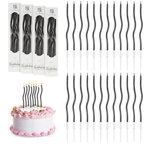Image of URAQT 24 Pcs Twisty Birthday Candles, Spiral Birthday Candles in Holders, Metallic Long Thin Cupcake Candles for Birthday Wedding Baby Shower Party Decoration Graduation (Black)