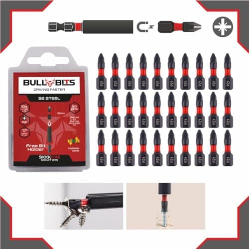Image of 30x Bull Bits 25mm PZ1 Impact Screwdriver Bits Set – Pozi Pozidriv, Shock Zone, S2 Steel, Torsion Zone with Magnetic Bit Holder