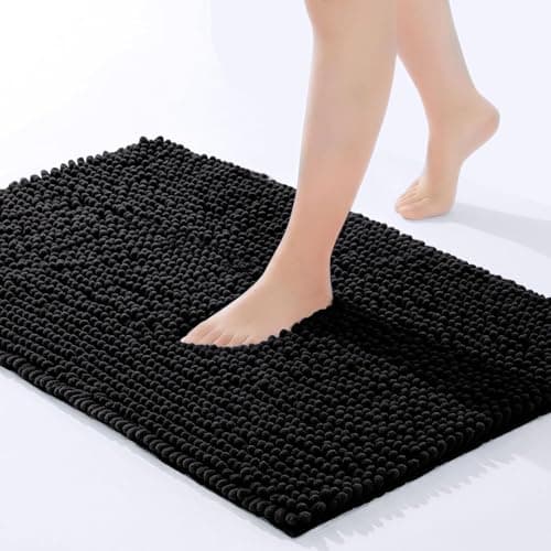 Image of Hafaa Bath Mat Non Slip Anti Mould – Black Chenille Bathroom Mat 40 x 60 cm Machine Washable Bath mats Super Absorbent Extra Soft Fluffy Shower mat