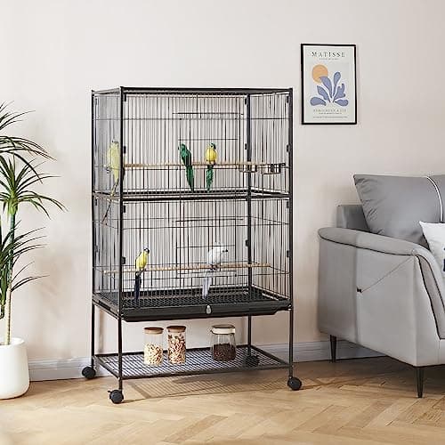 Image of Panana Large Bird Cages Parrot Cage Wide Flight Metal Animal Cage for Budgie Parakeet Conure With Rolling Stand Wheels (Black, 79L x 51W x 132H)