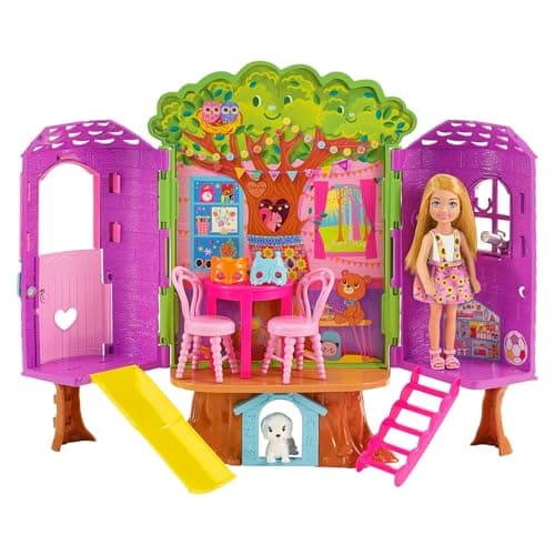 Image of Chelsea Barbie Doll and Treehouse Playset with Pet Puppy, Dollhouse Includes Furniture and Slide, 10+ Accessories, HPL70