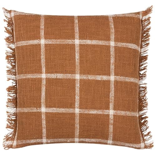 Image of furn. Yard Beni Cushion Cover – Woven Check Cotton with Double Fringed Trim (Ginger/Natural – 45 x 45 cm)