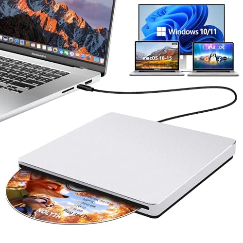 Image of NOLYTH External CD DVD Drive for Laptop: Portable USB C CD Burner Reader DVD Player for Mac MacBook PC Windows 11 with USB3.0 Adapter Aluminum Alloy Slot-in SuperDrive for Apple