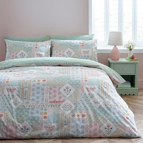 Image of Catherine Lansfield Folk Patchwork Reversible King Duvet Cover Set with Pillowcases Green