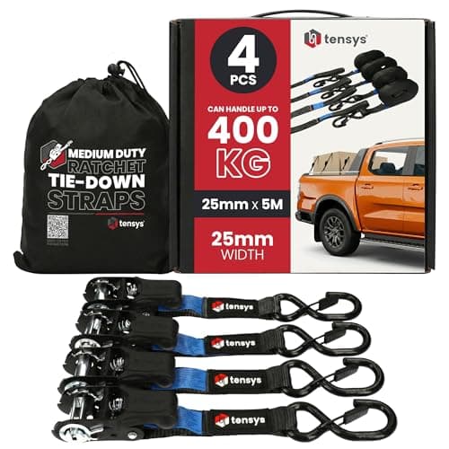 Image of TENSYS Ratchet Tie Down Straps - 800kg Max Break Force Heavy Duty Ratchet Straps w/Padded Handle, 0.38m Soft Loops, Coated "S" Hooks for Securing Cargo, Roof Racks, Luggage, 25mm x 5m, Black, 4 Pack