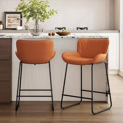 Image of chairus PU Leather Bar Stools Set of 2 Modern Kitchen Counter Stools with Metal Legs Breakfast Bar Chairs for Kitchen Island/Pub, Orange 2pcs